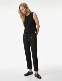 Yüksek Bel Slim Fit Düğmeli Çizgili Cigarette Pantolon