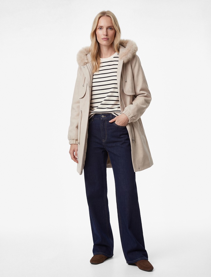  Uzun Kollu Cepli Bağlama Detaylı Suni Kürk Kapüşon Detaylı Kaşe Kaban