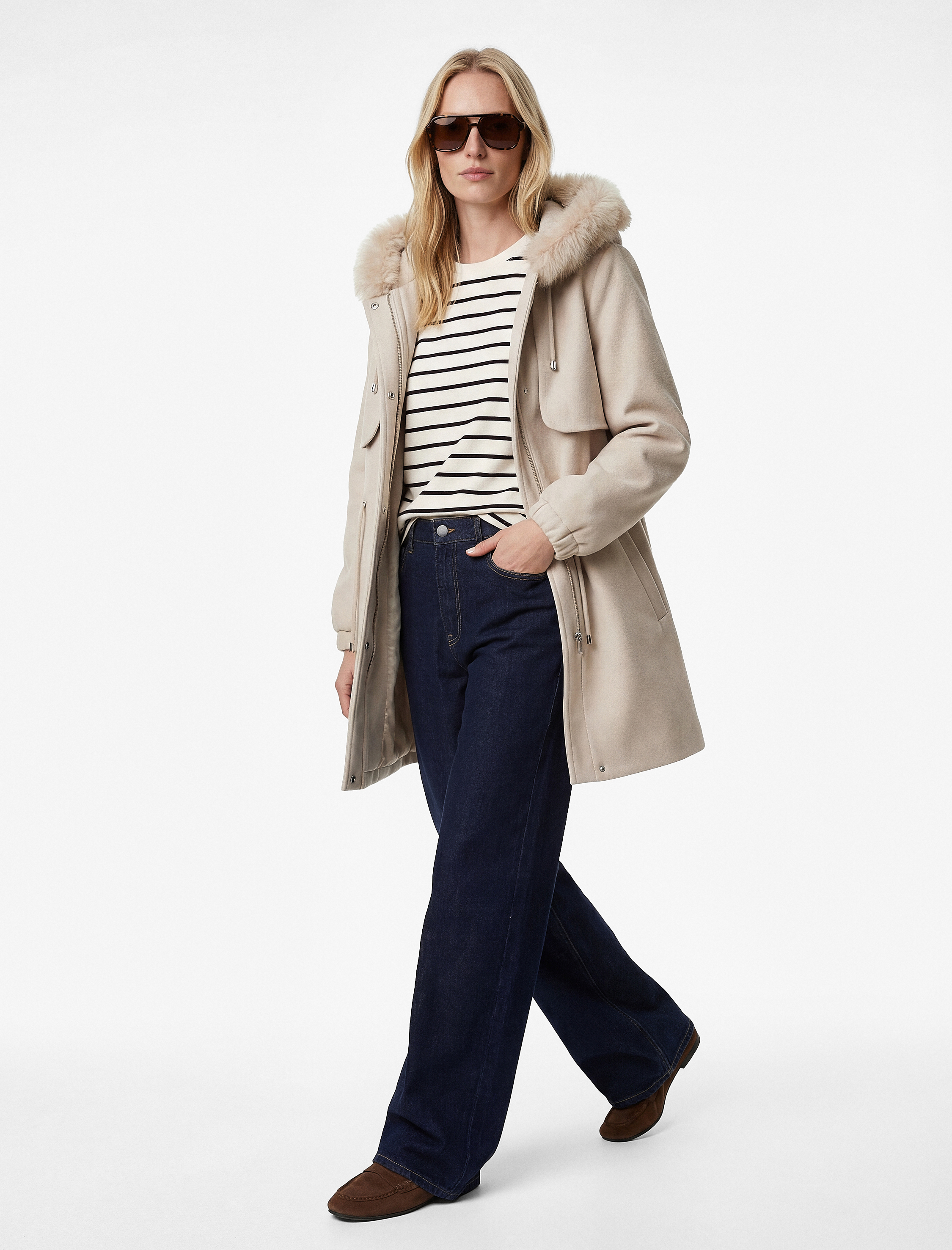   Uzun Kollu Cepli Bağlama Detaylı Suni Kürk Kapüşon Detaylı Kaşe Kaban