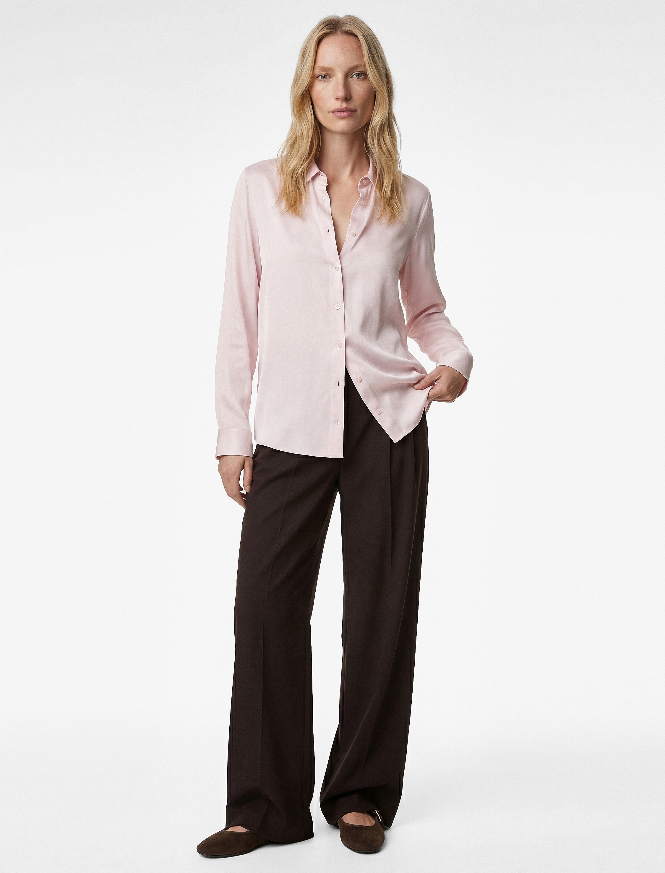   Uzun Kollu Klasik Yaka Düğmeli Viskon Saten Gömlek