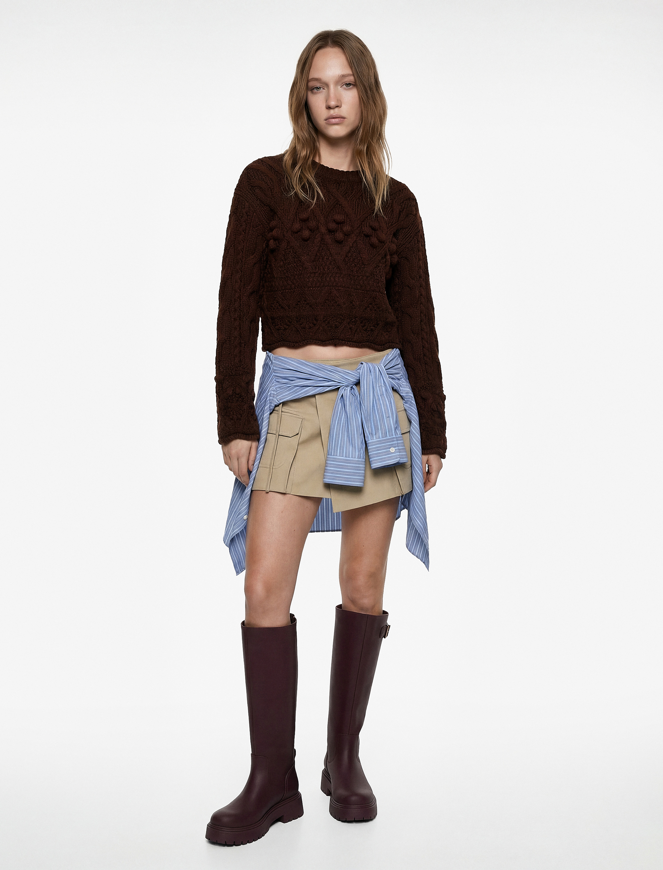   Bisiklet Yaka Uzun Kollu Örgü Dokulu Triko Crop Kazak