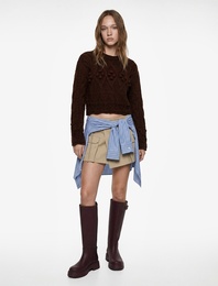 Bisiklet Yaka Uzun Kollu Örgü Dokulu Triko Crop Kazak