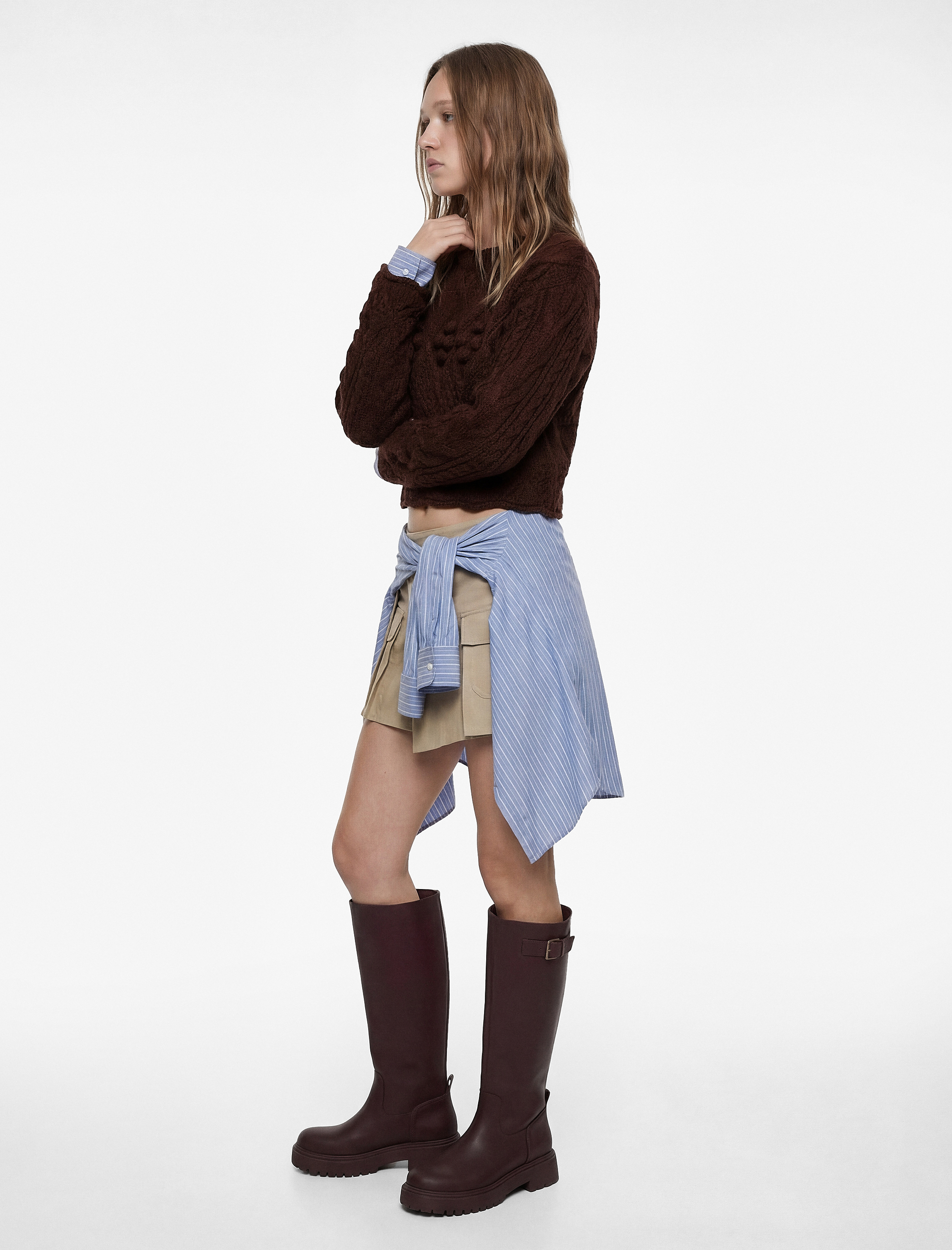   Bisiklet Yaka Uzun Kollu Örgü Dokulu Triko Crop Kazak