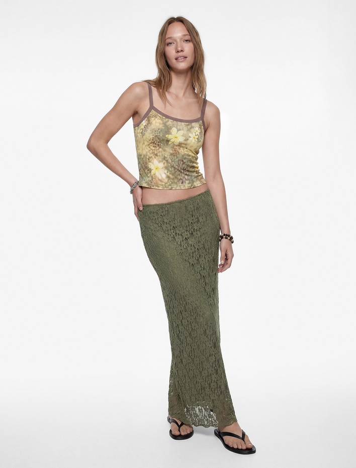  Yüksek Bel Slim Fit Midi Dantelli Kalem Etek