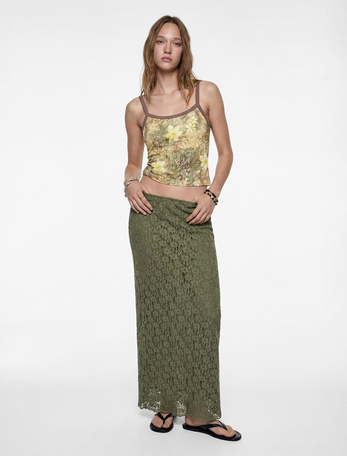  Yüksek Bel Slim Fit Midi Dantelli Kalem Etek