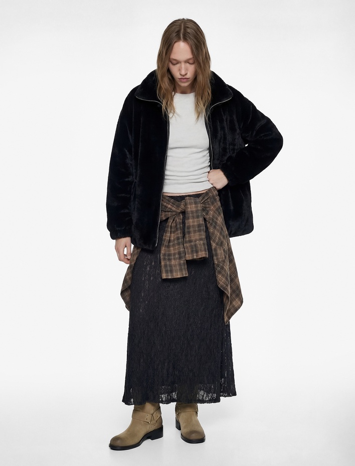  Fermuarlı Cep Detaylı Dik Yaka Beli Lastikli Peluş Ceket