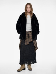 Fermuarlı Cep Detaylı Dik Yaka Beli Lastikli Peluş Ceket