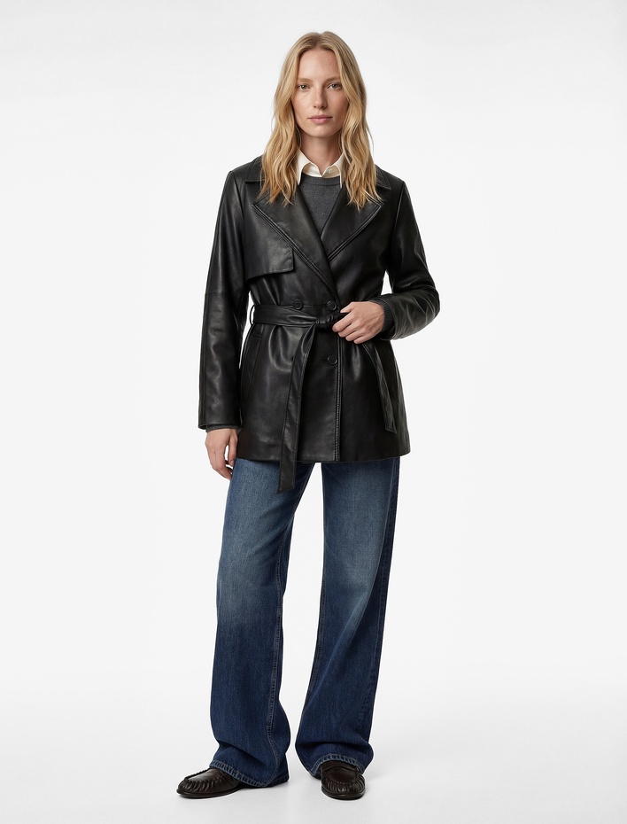  Cepli Kemer Detaylı Uzun Kollu Suni Deri Trençkot