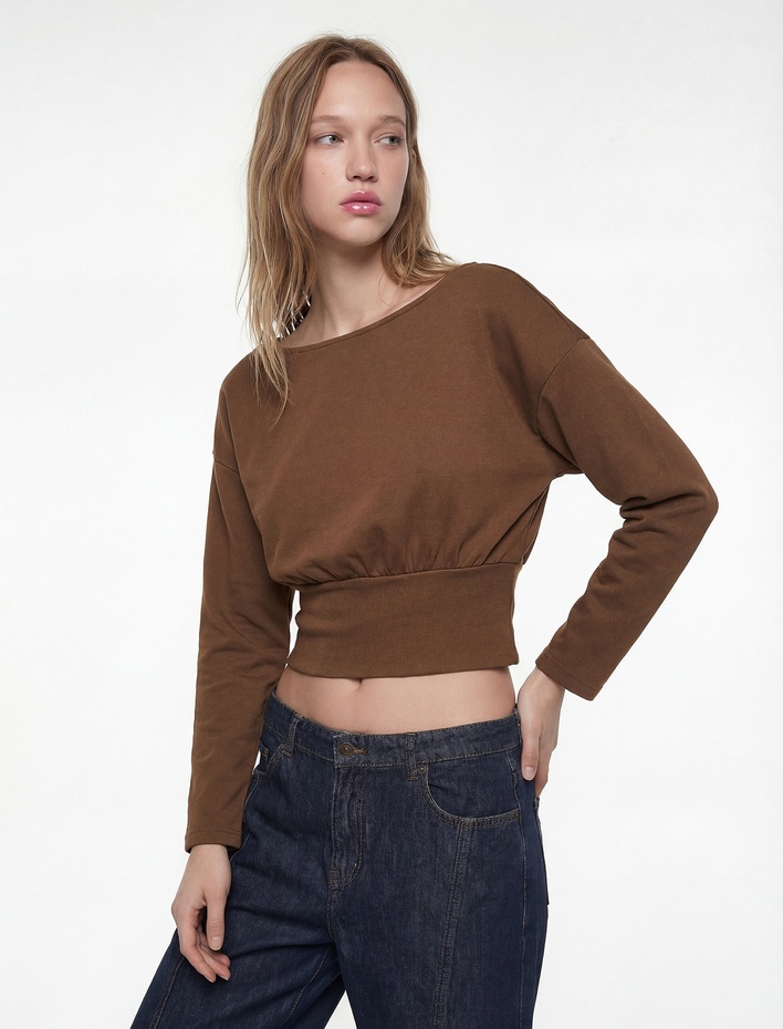  Regular Fit Uzun Kollu Kayık Yuvarlak Yaka Tişört