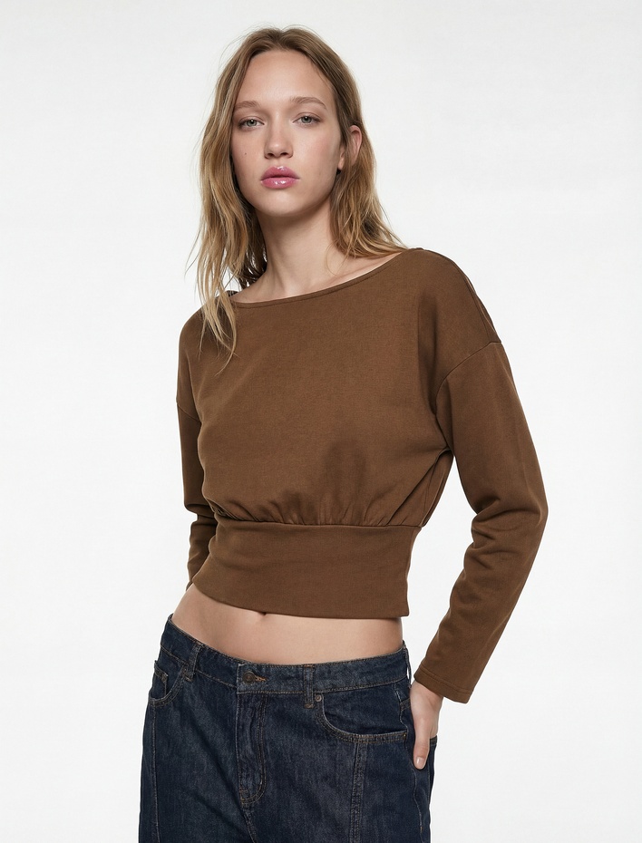  Regular Fit Uzun Kollu Kayık Yuvarlak Yaka Tişört