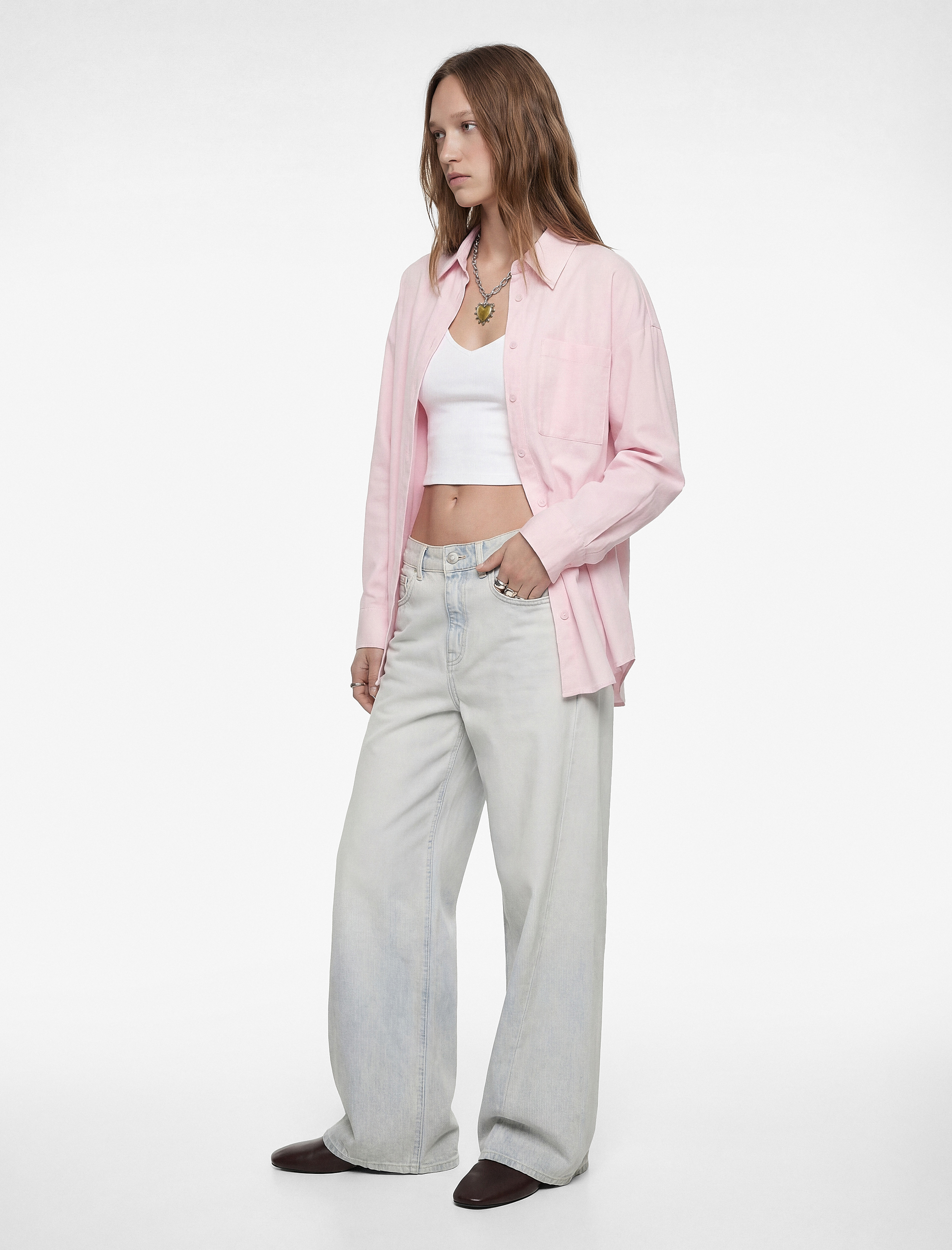   Cep Detaylı Pamuklu Uzun Kollu Klasik Yaka Oversize Gömlek