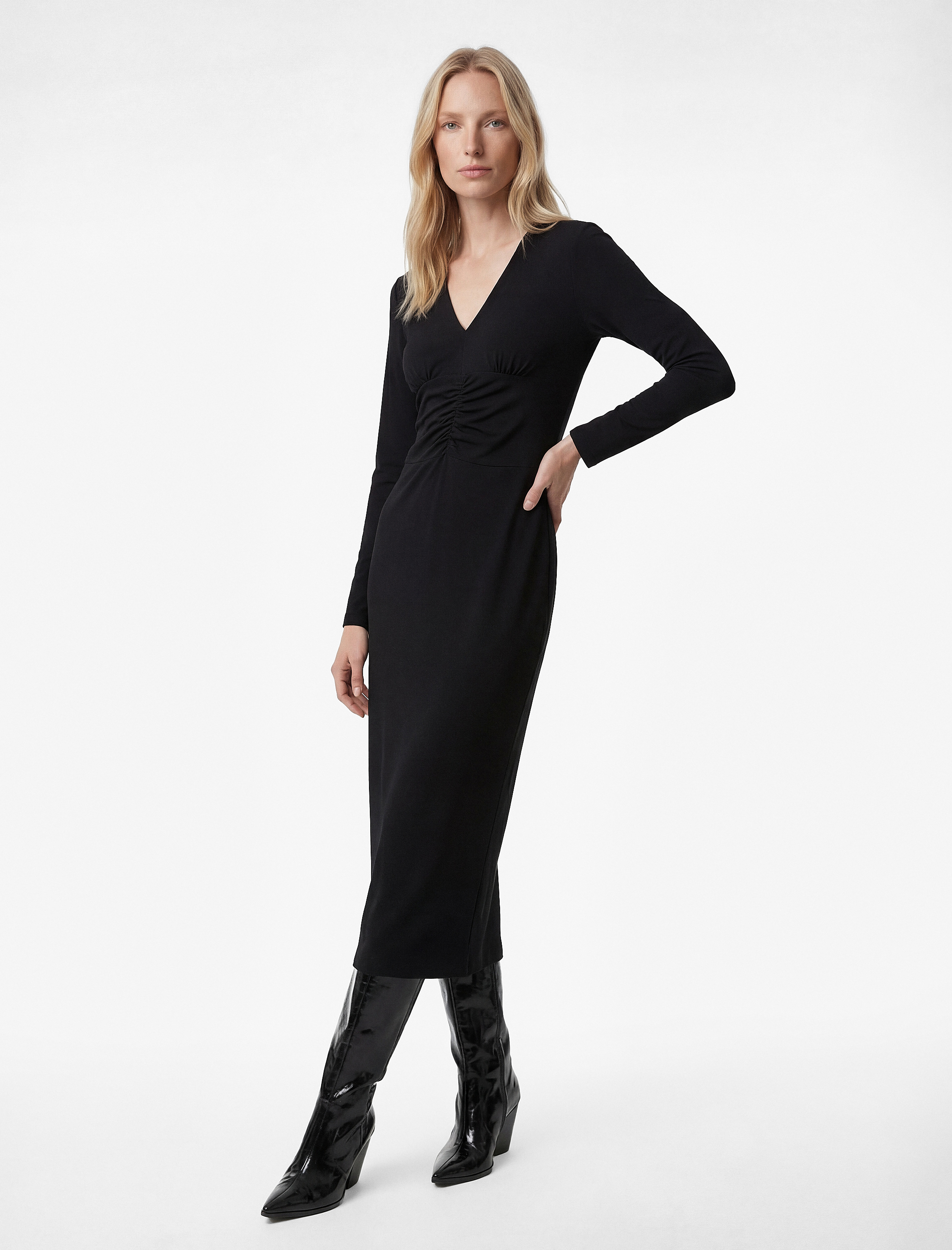   Uzun Kollu Slim Fit Drapeli V Yaka Midi Boy Elbise