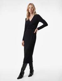 Uzun Kollu Slim Fit Drapeli V Yaka Midi Boy Elbise