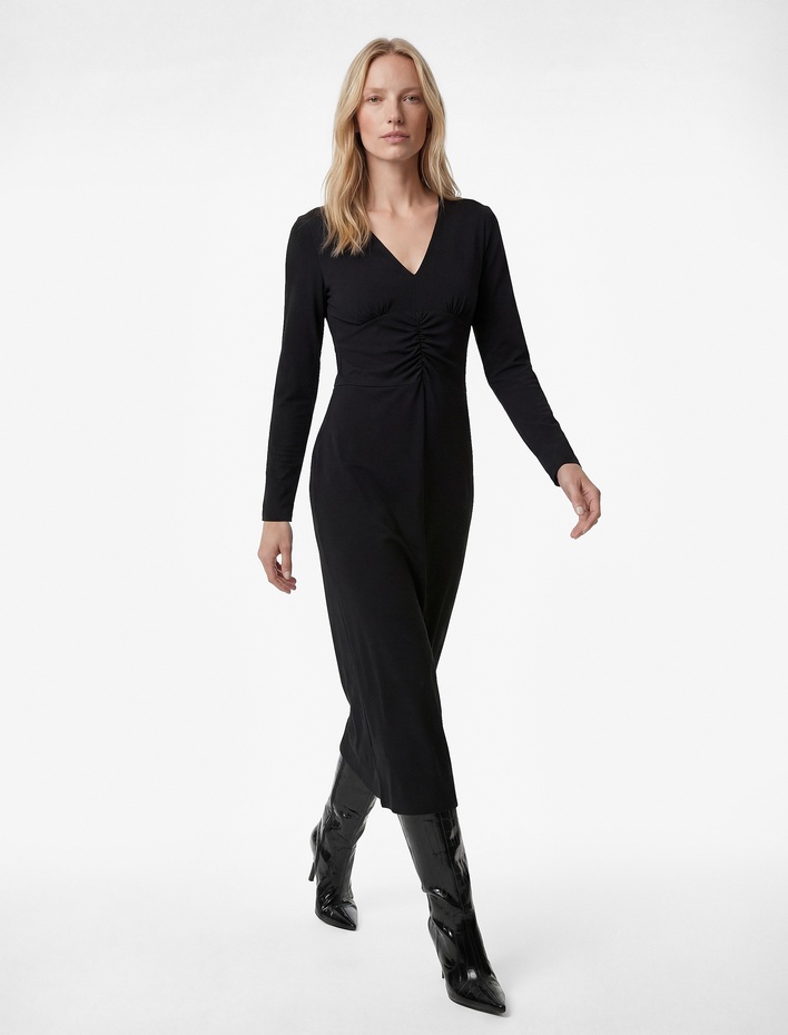  Uzun Kollu Slim Fit Drapeli V Yaka Midi Boy Elbise