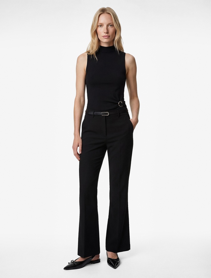  Slim Fit Normal Bel Kemerli İspanyol Paça Pantolon