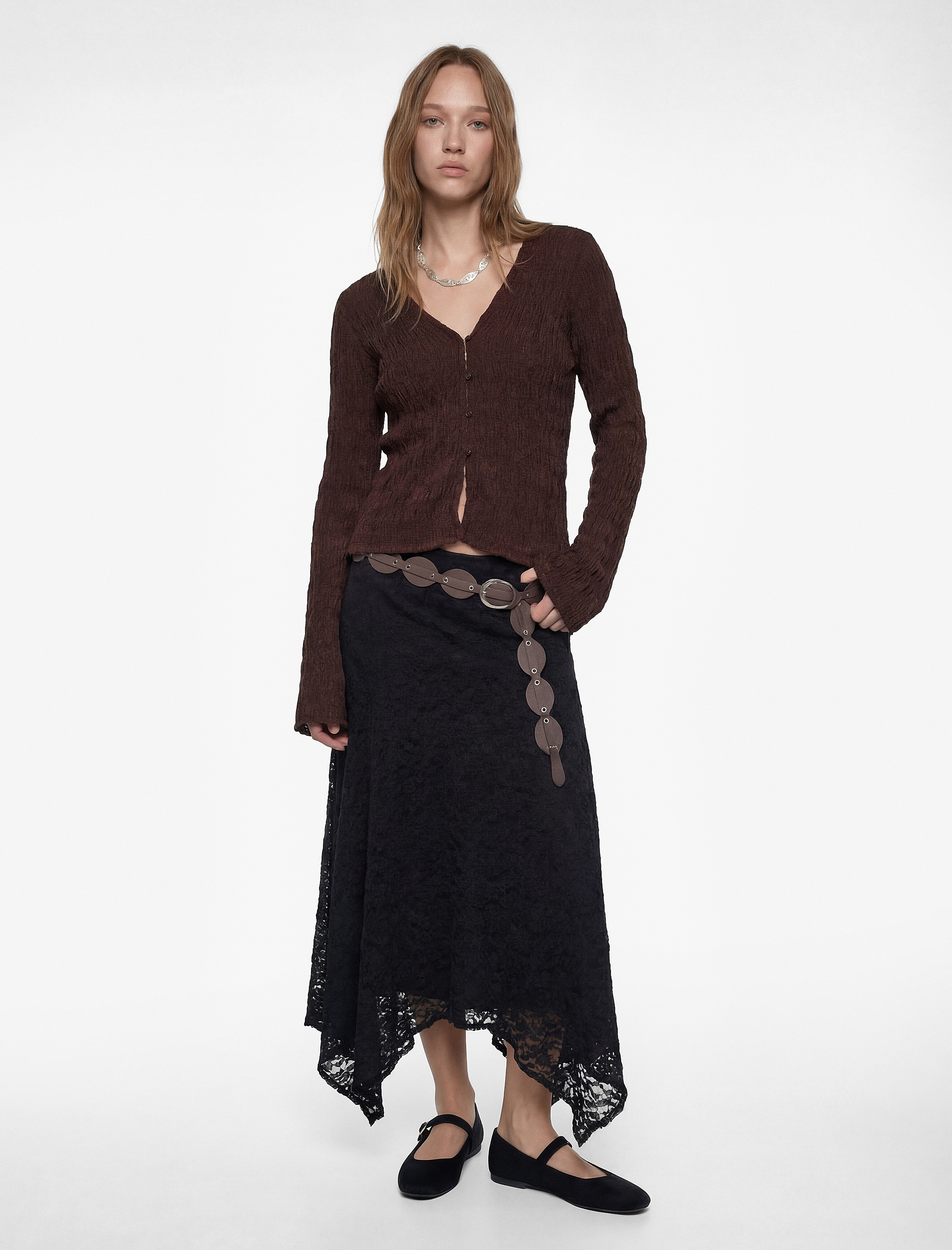   Bürümcük Kumaş Düğmeli Uzun Kollu V Yaka Hırka