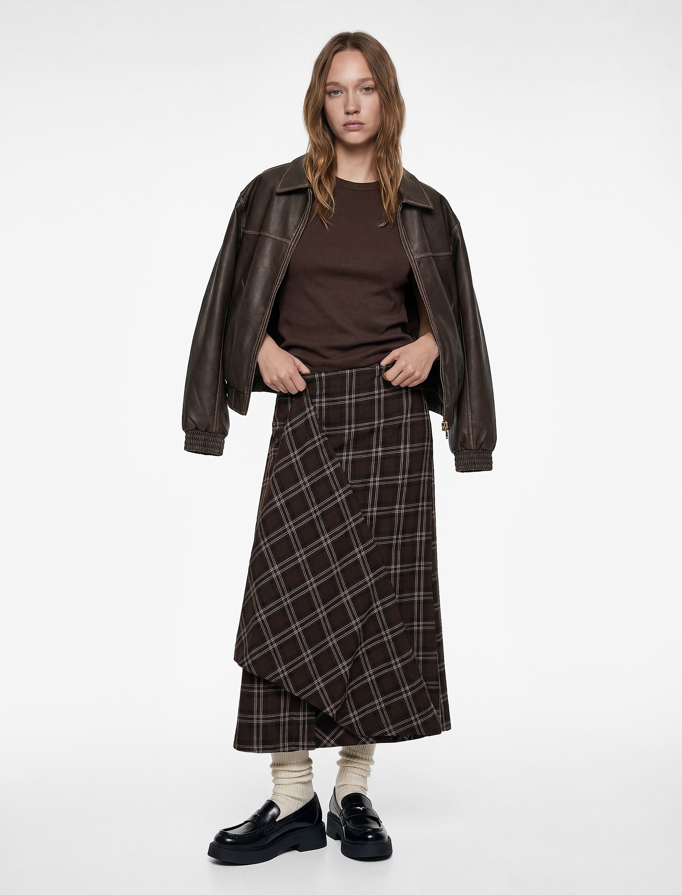   Normal Bel Kumaş Detaylı A Kesim Uzun Ekose Etek