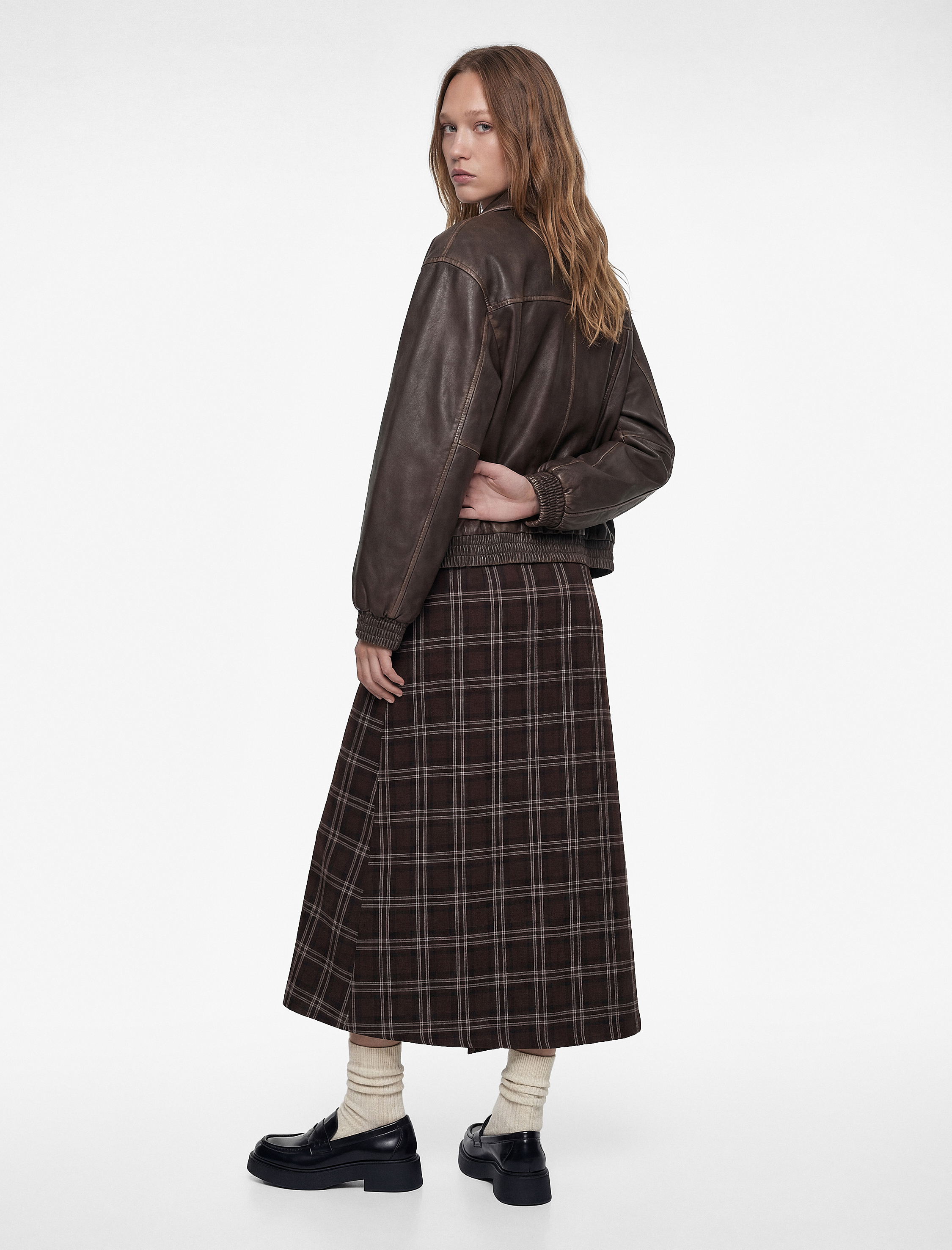   Normal Bel Kumaş Detaylı A Kesim Uzun Ekose Etek