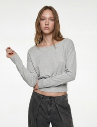 Regular Fit Uzun Kollu Kayık Yuvarlak Yaka Tişört