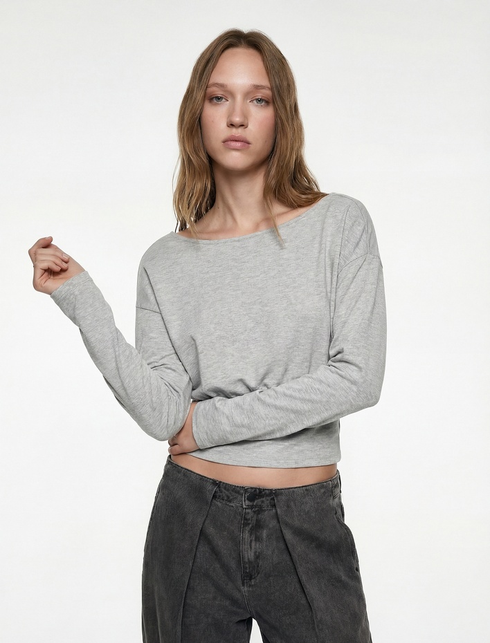  Regular Fit Uzun Kollu Kayık Yuvarlak Yaka Tişört