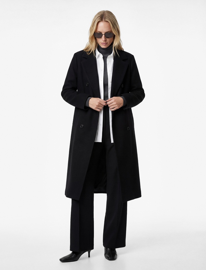  Uzun Kollu Düğmeli Kruvaze Ceket Yaka Kaban