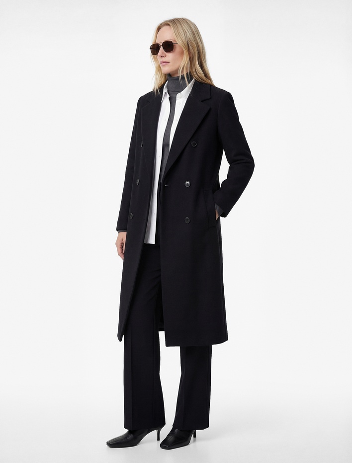  Uzun Kollu Düğmeli Kruvaze Ceket Yaka Kaban