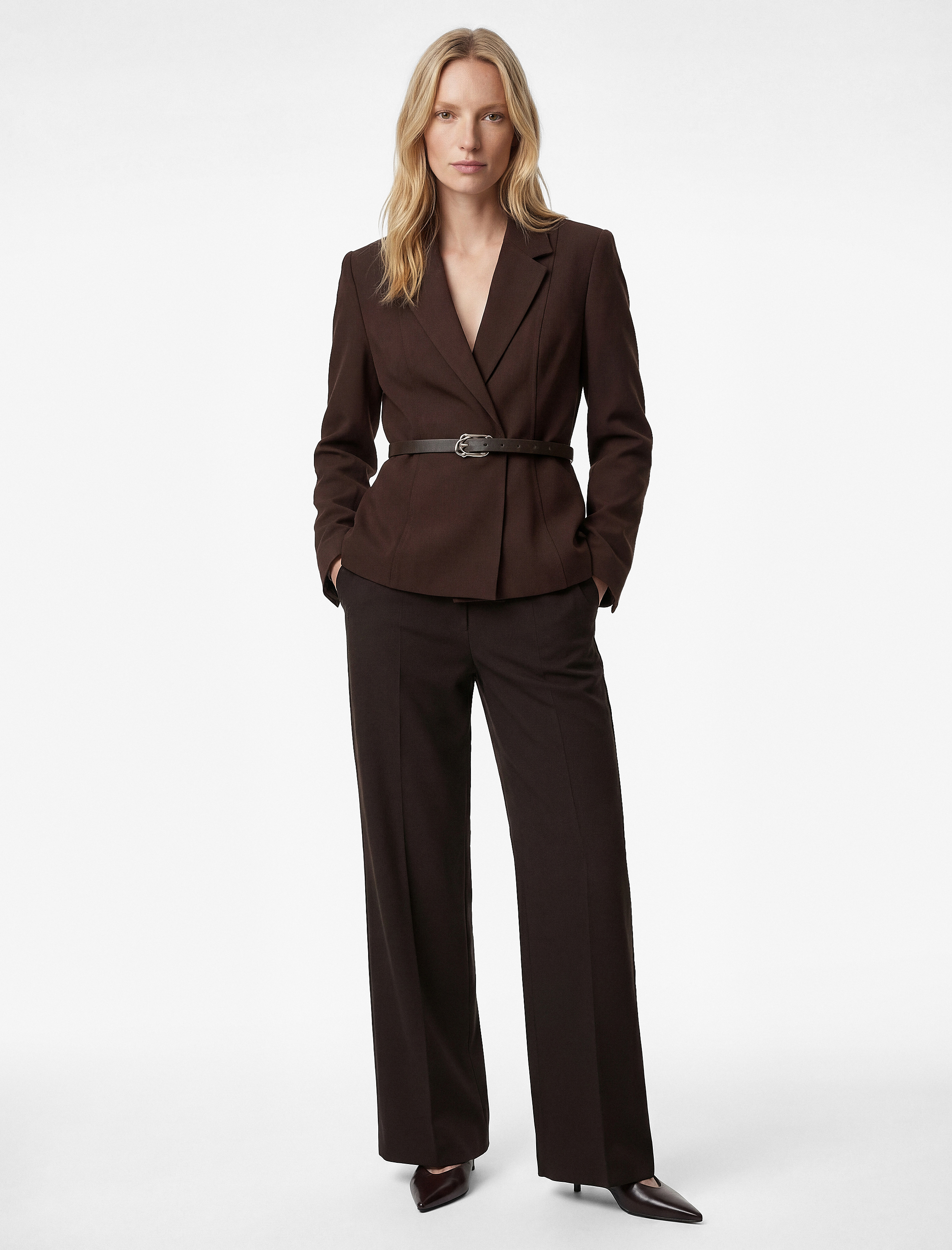   Viskon Karışımlı Kruvaze Yaka Uzun Kollu Kemer Detaylı Peplum Ceket