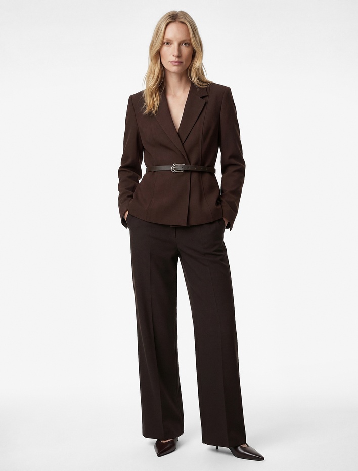  Viskon Karışımlı Kruvaze Yaka Uzun Kollu Kemer Detaylı Peplum Ceket