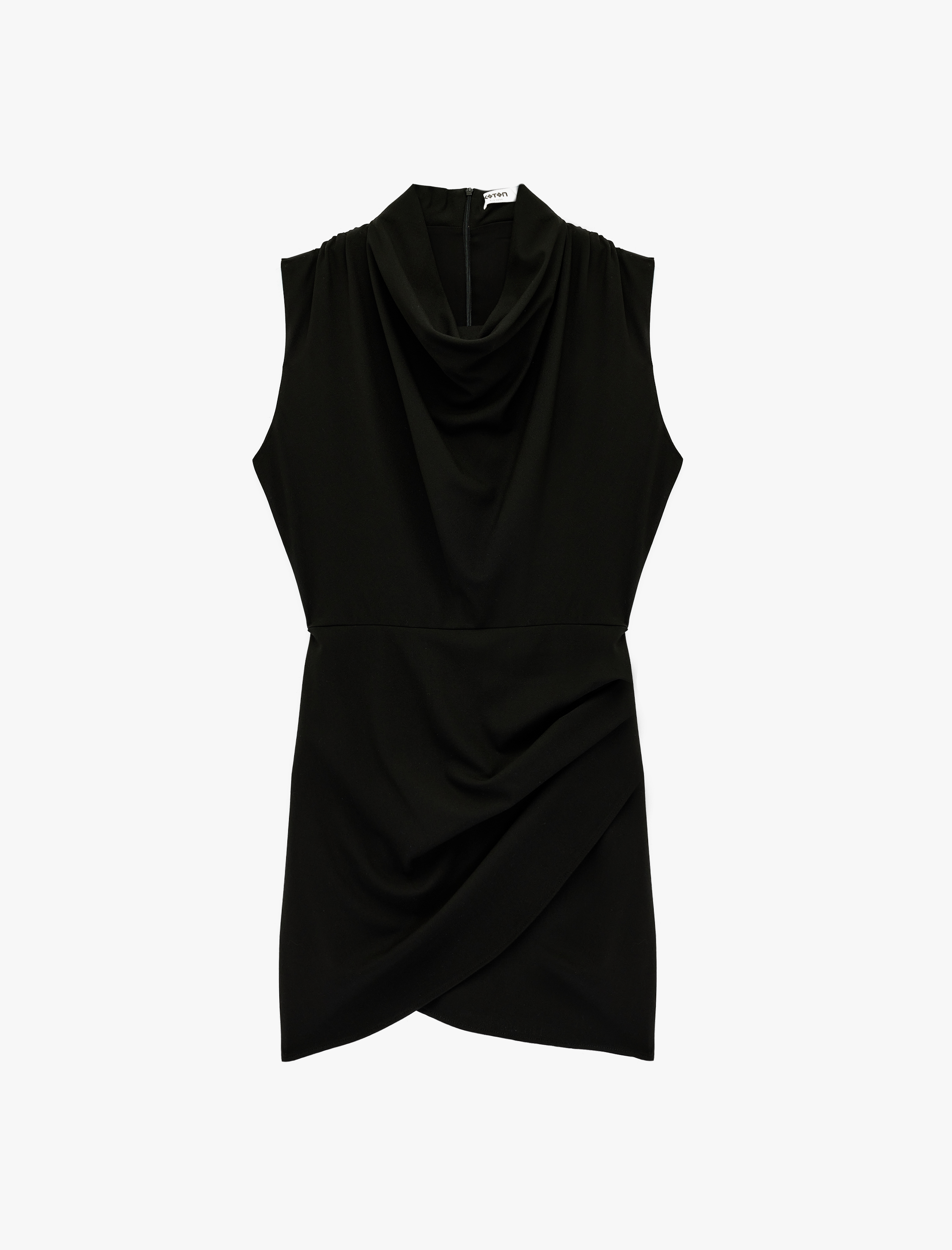   Viskon Karışımlı Kolsuz Degaje Yaka Drapeli Asimetrik Mini Elbise