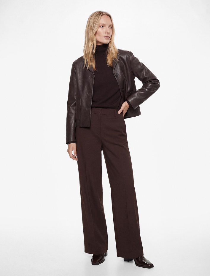  Yüksek Bel Geniş Paça Pileli Viskon Karışımlı Kumaş Pantolon