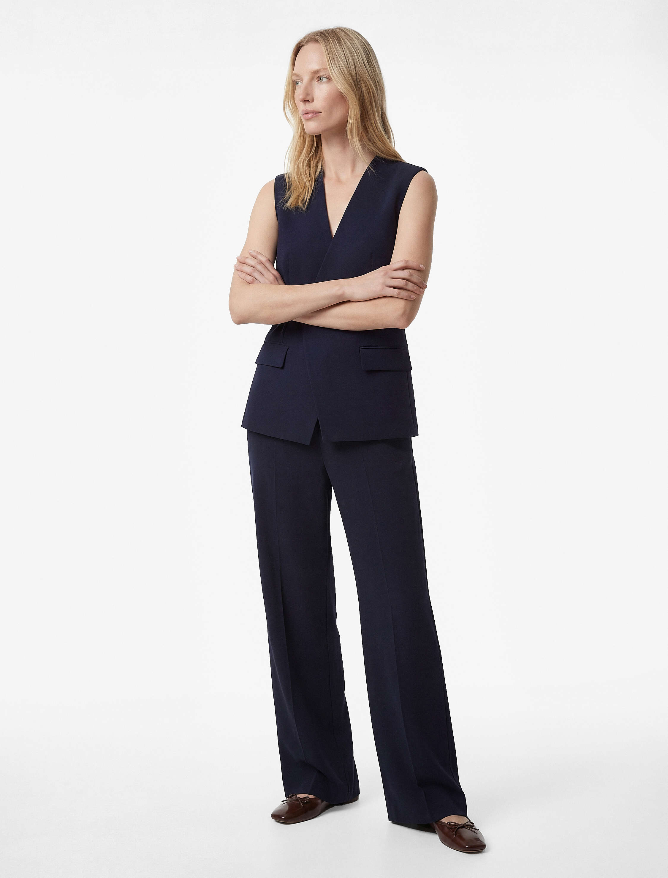   Kruvaze Yaka Kemerli Uzun Kolsuz Yelek