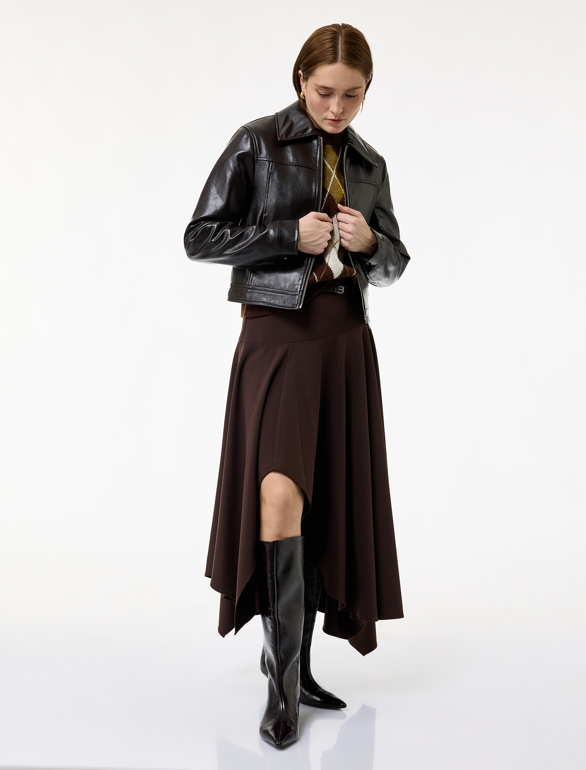   Asimetrik Kesim Yüksek Bel Midi Kloş Etek