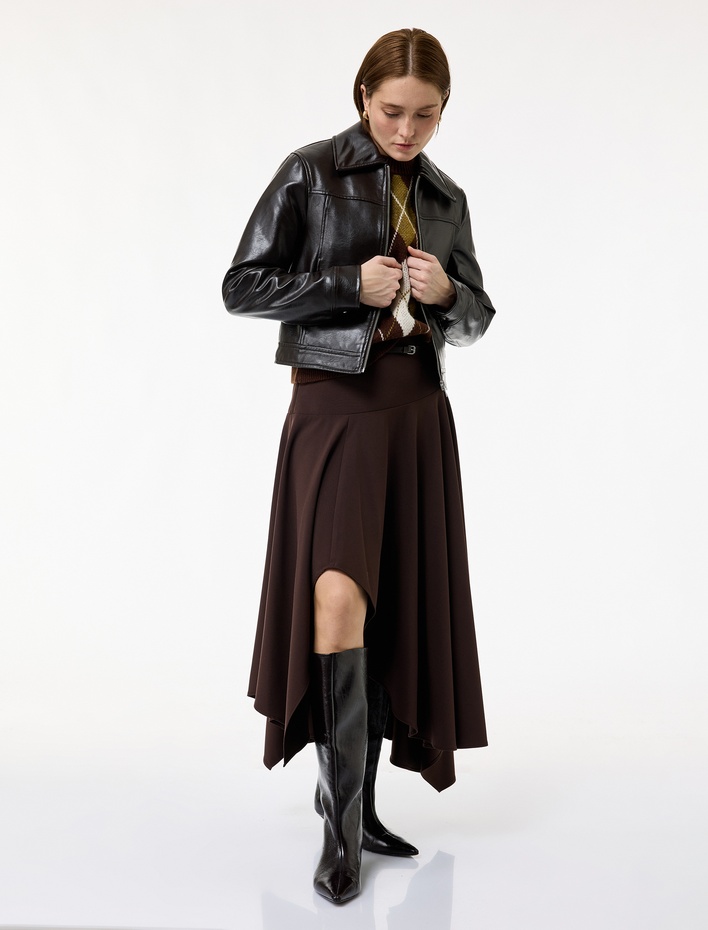  Asimetrik Kesim Yüksek Bel Midi Kloş Etek