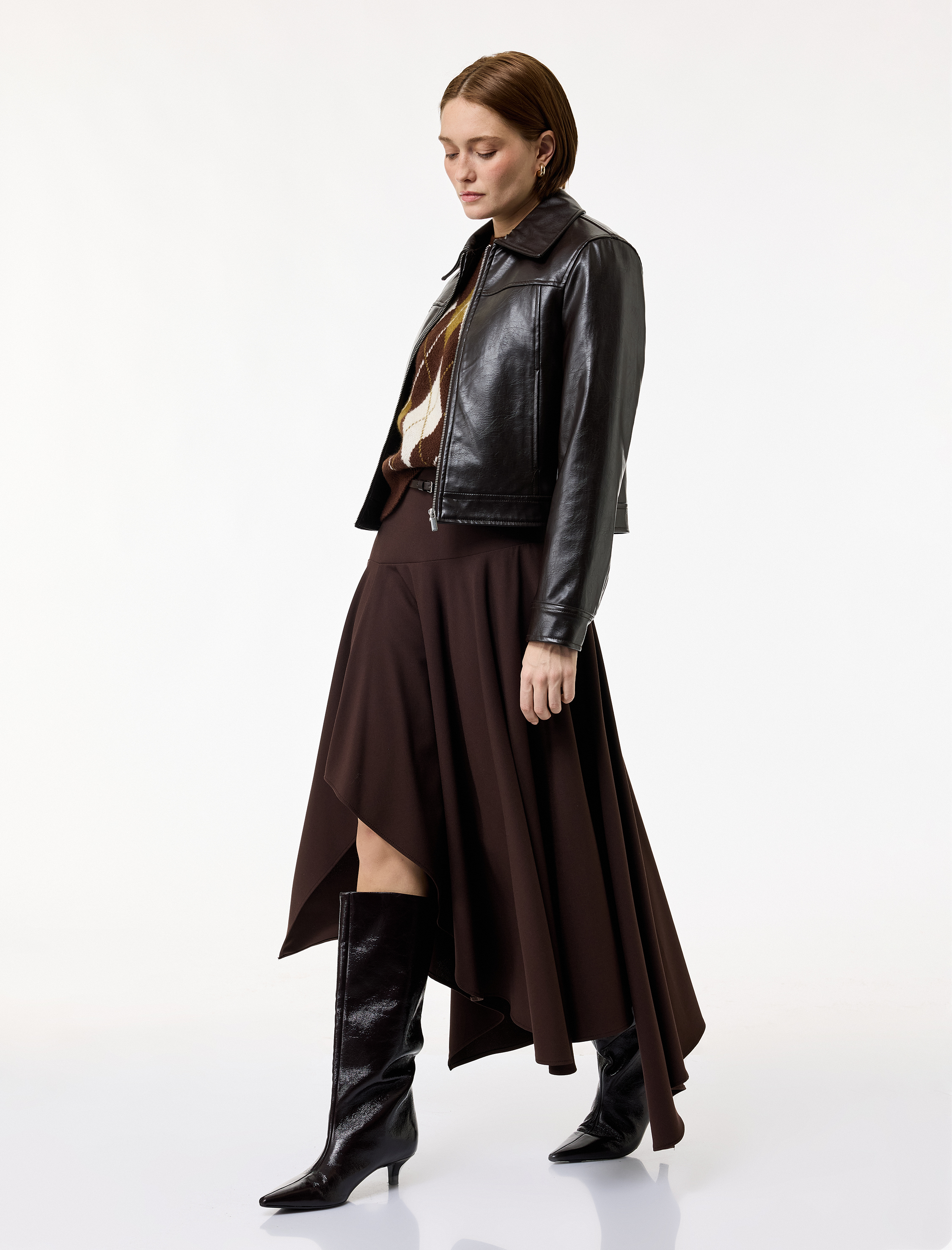   Asimetrik Kesim Yüksek Bel Midi Kloş Etek