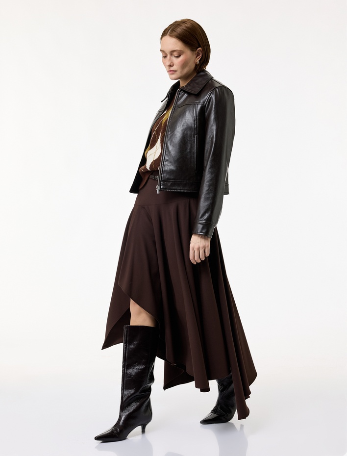  Asimetrik Kesim Yüksek Bel Midi Kloş Etek