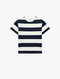 Pamuklu Kısa Kollu Bisiklet Yaka Çizgili Tişört