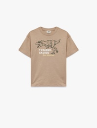 Pamuklu Kısa Kollu Bisiklet Yaka Dinozor Baskılı Tişört