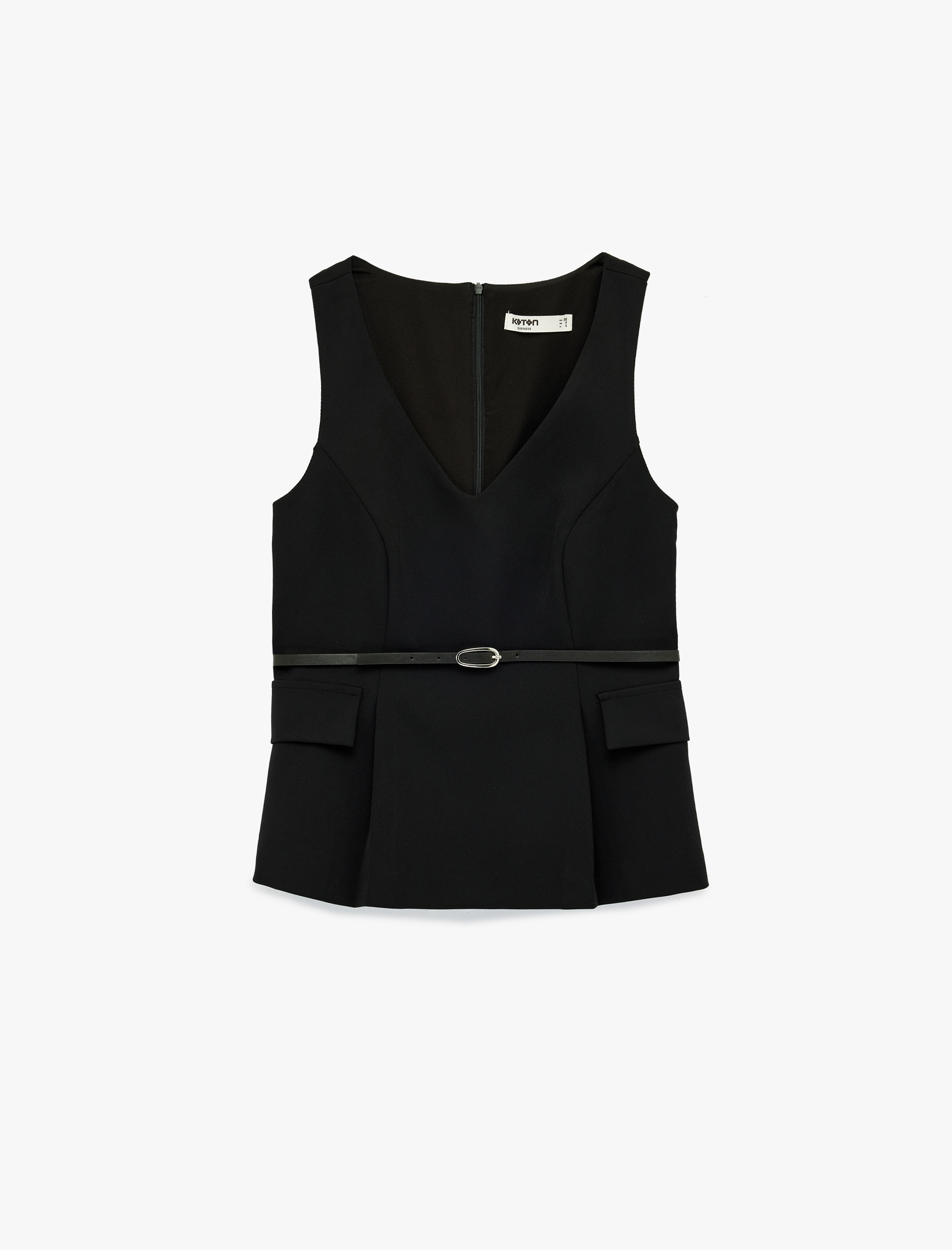   Cep Detaylı Kemerli Kolsuz V Yaka Bluz