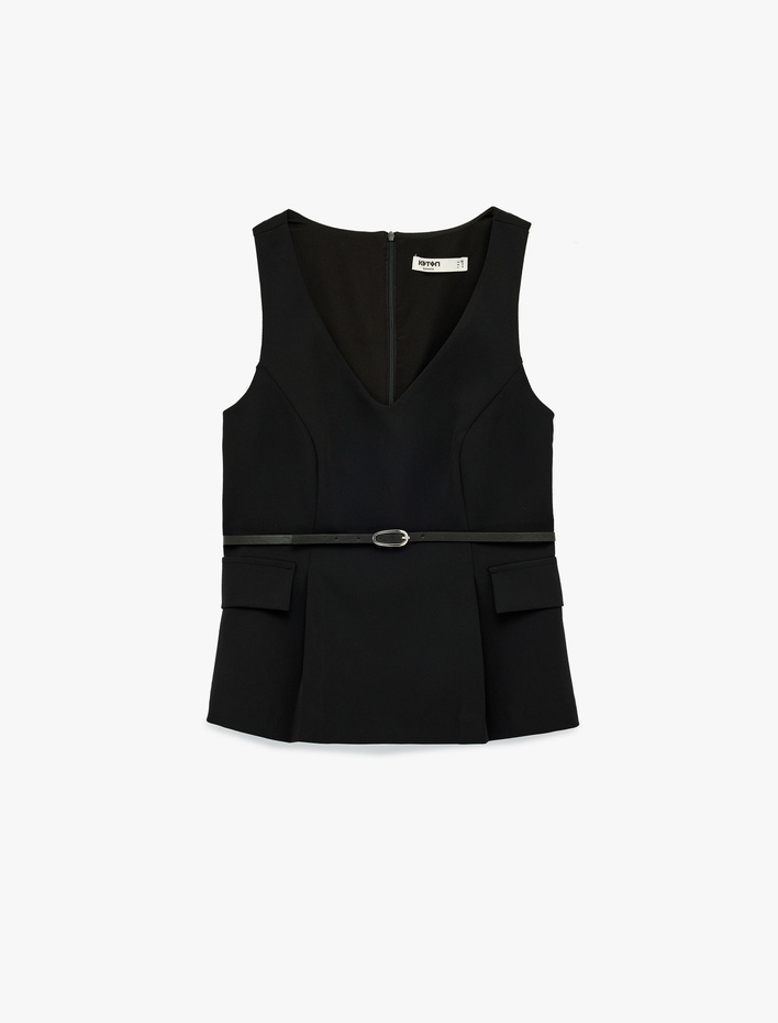  Cep Detaylı Kemerli Kolsuz V Yaka Bluz