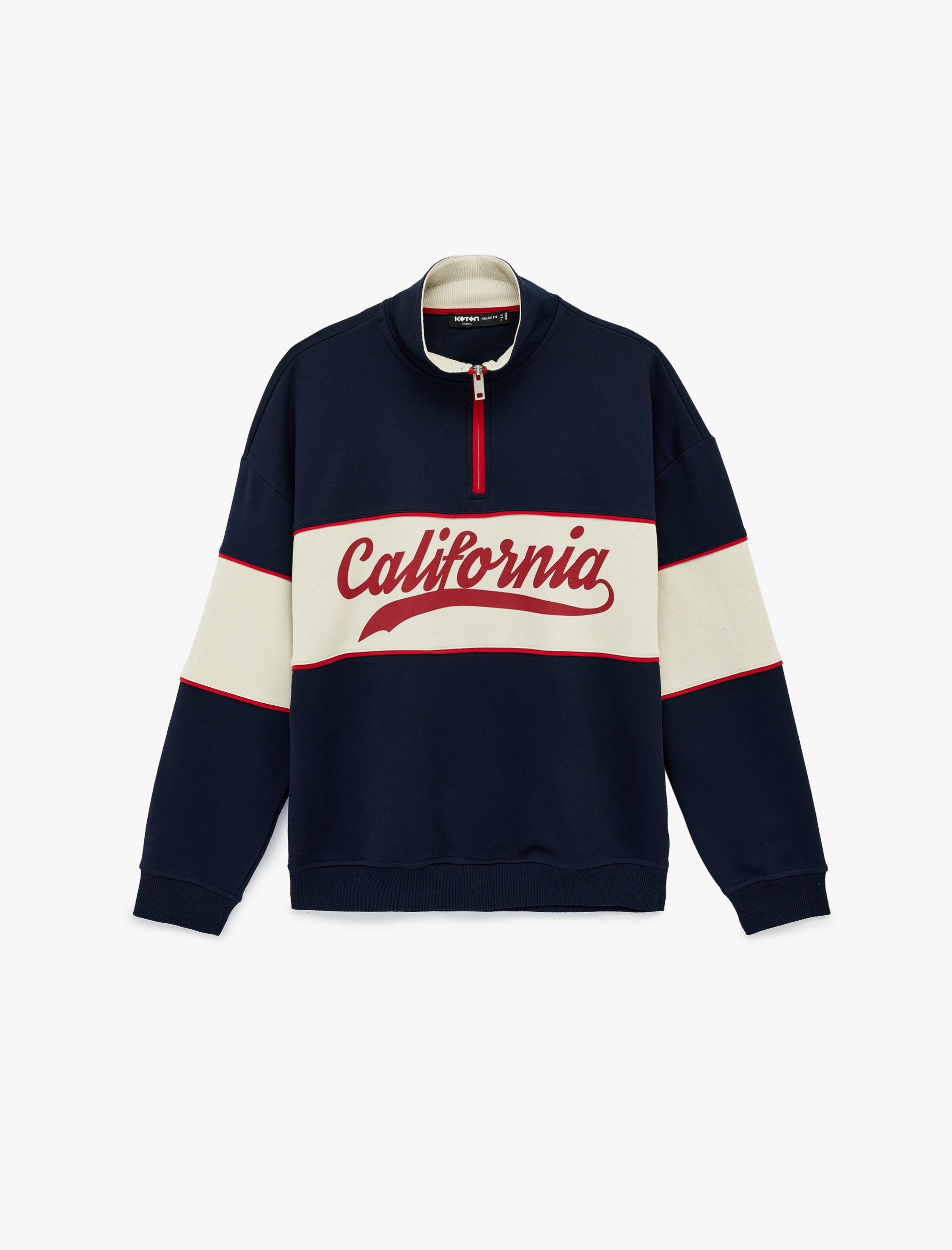   Oversize Şardonlu Renk Bloklu Kolej Baskılı Yarım Fermuarlı Sweatshirt