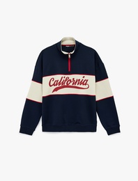 Oversize Şardonlu Renk Bloklu Kolej Baskılı Yarım Fermuarlı Sweatshirt