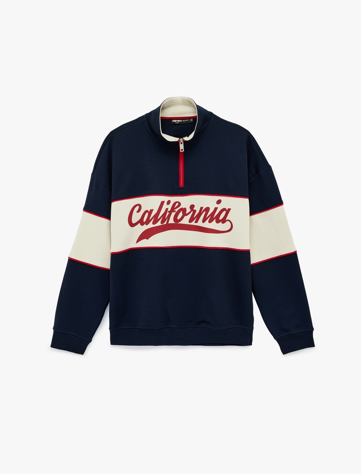  Oversize Şardonlu Renk Bloklu Kolej Baskılı Yarım Fermuarlı Sweatshirt