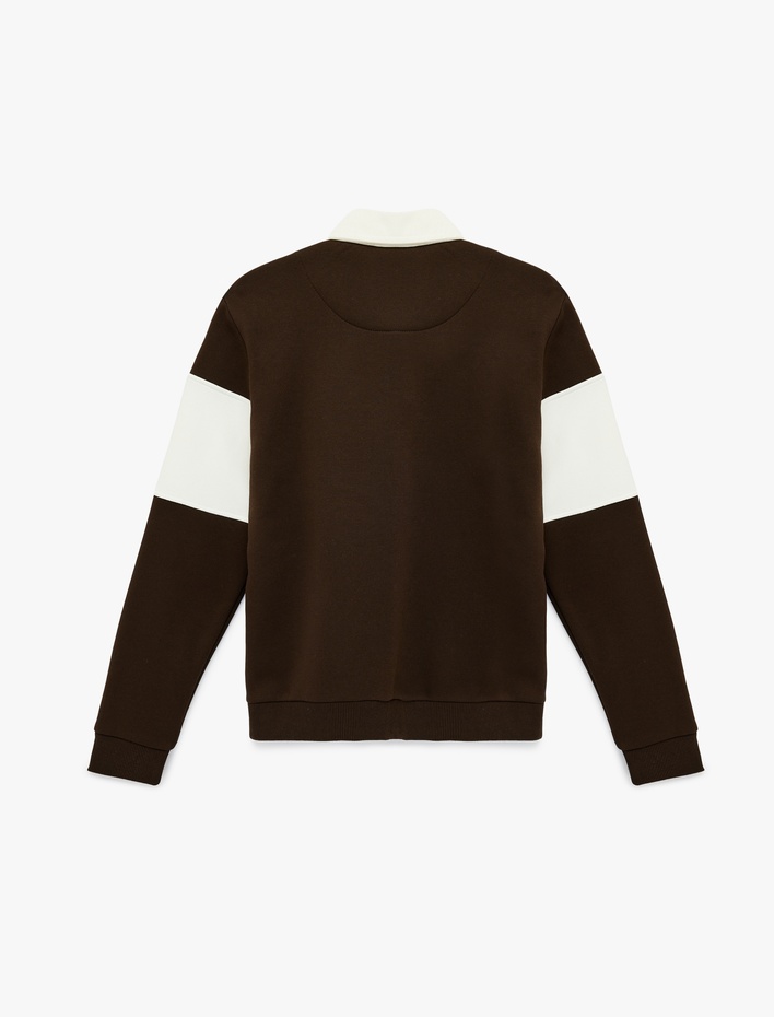  Uzun Kollu İşlemeli Renk Bloklu Polo Yaka Sweatshirt