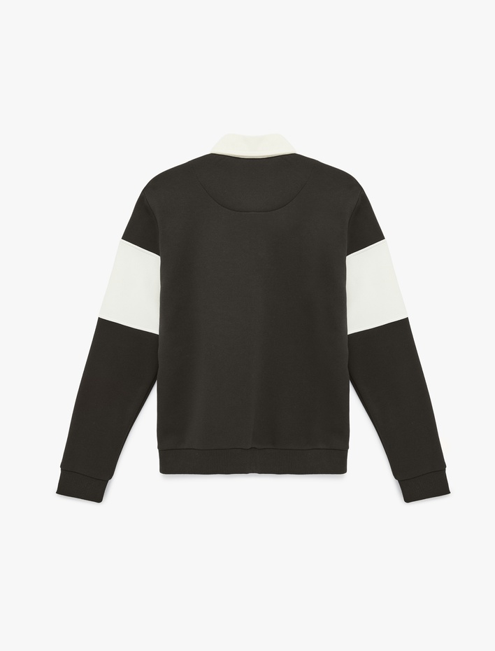  Uzun Kollu İşlemeli Renk Bloklu Polo Yaka Sweatshirt