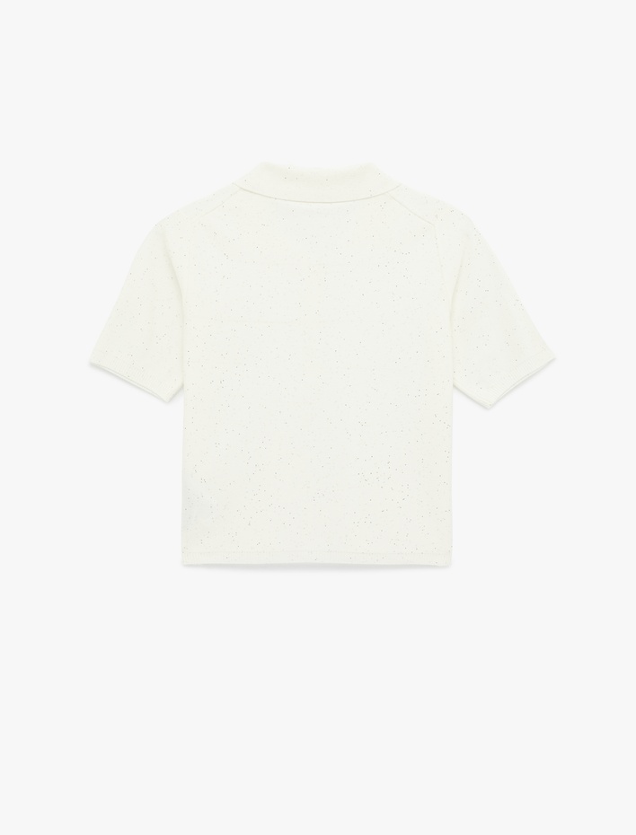  Regular Fit Polo Yaka Kısa Kollu Parıltılı Simli Triko Kazak