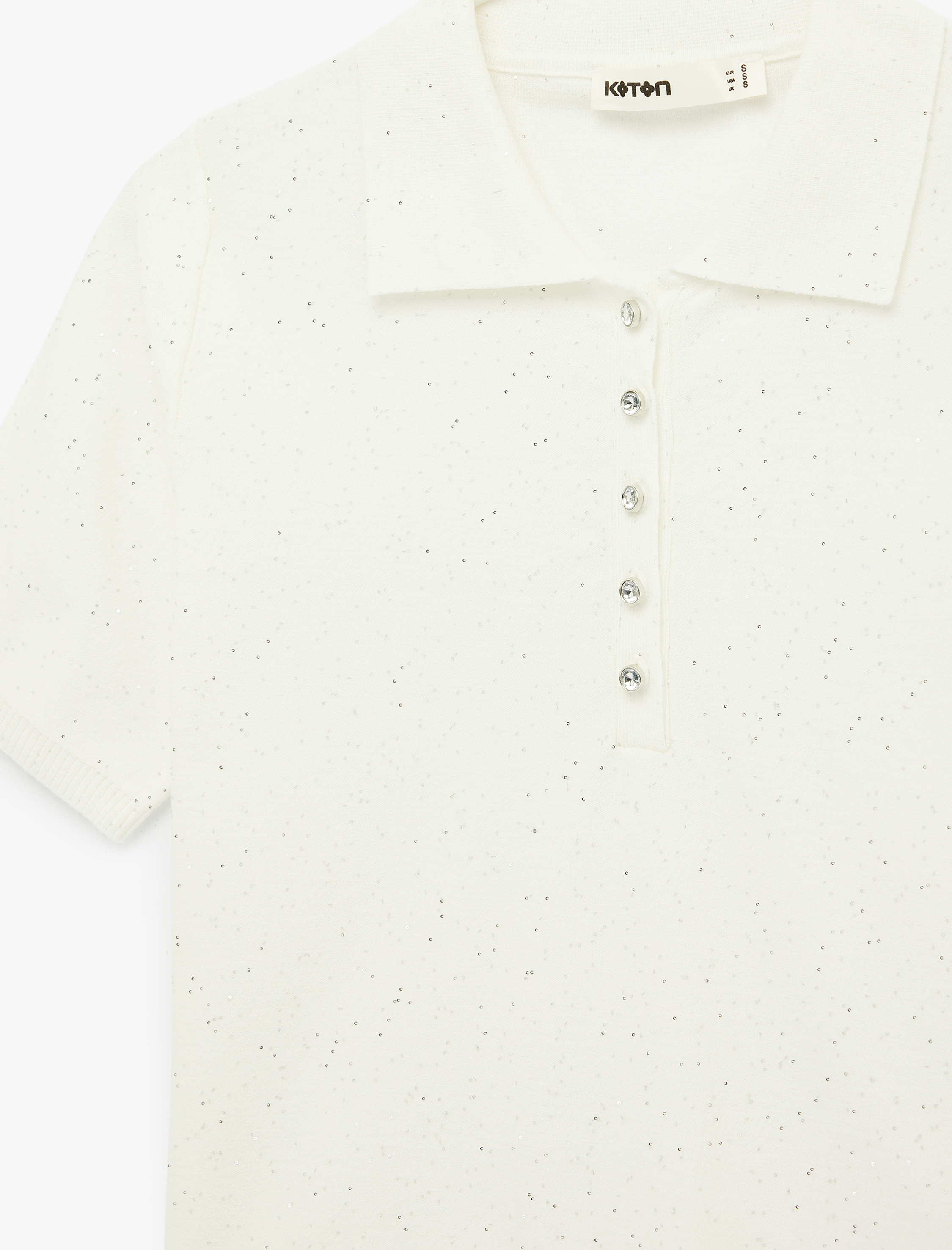   Regular Fit Polo Yaka Kısa Kollu Parıltılı Simli Triko Kazak