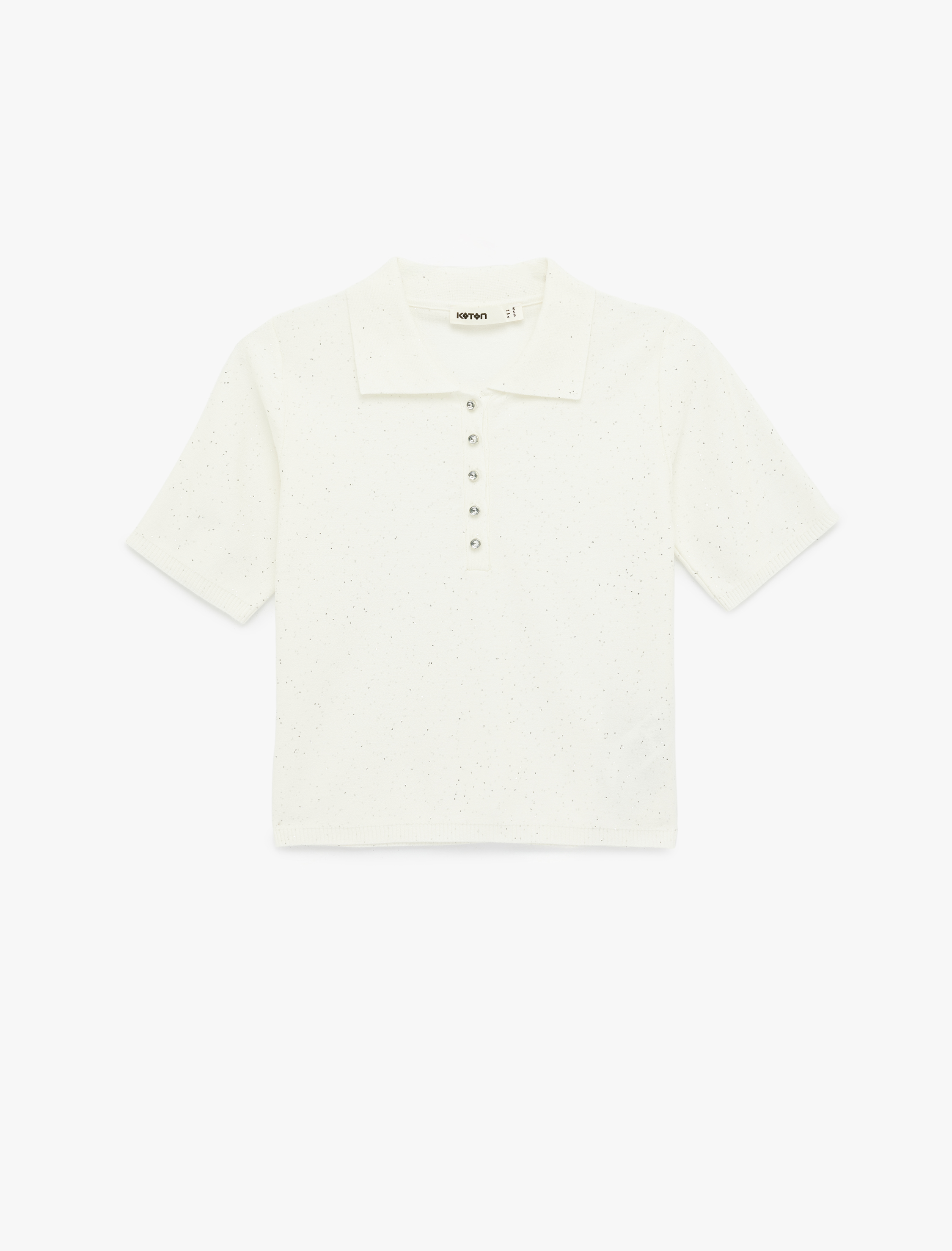   Regular Fit Polo Yaka Kısa Kollu Parıltılı Simli Triko Kazak