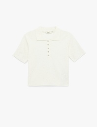 Regular Fit Polo Yaka Kısa Kollu Parıltılı Simli Triko Kazak