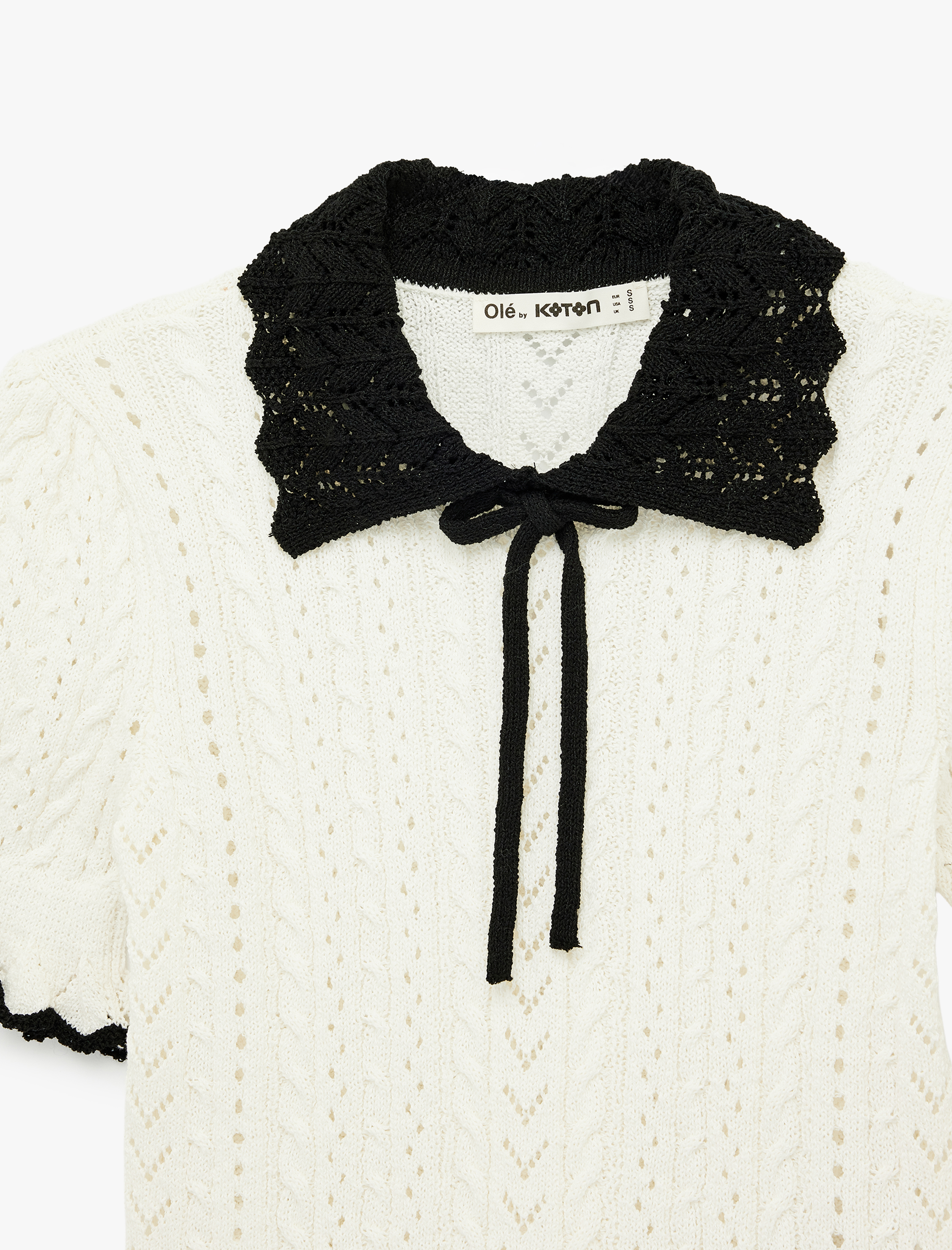   Fırfırlı Ajurlu Kısa Kollu Bağcıklı Bebe Yaka Triko Kazak