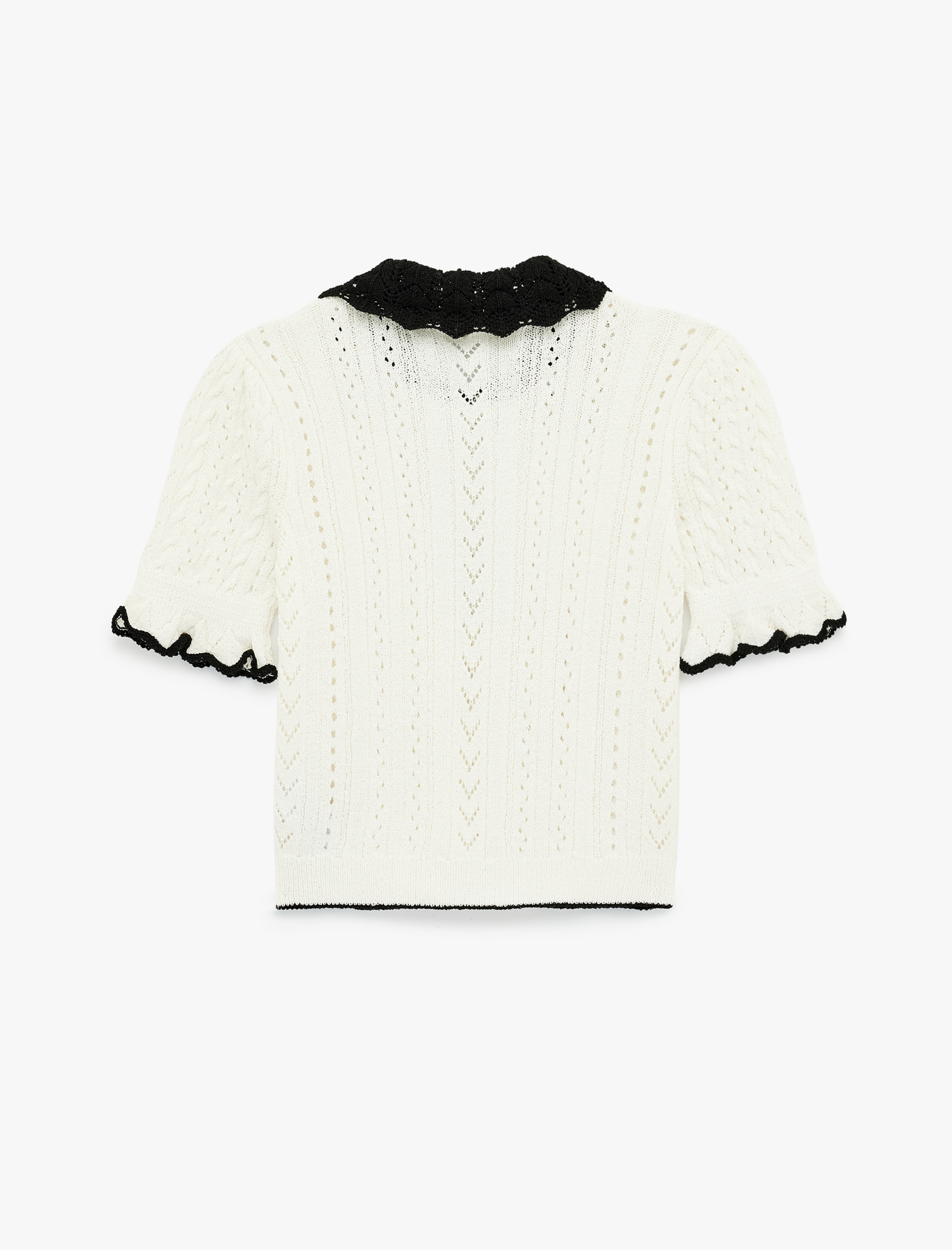   Fırfırlı Ajurlu Kısa Kollu Bağcıklı Bebe Yaka Triko Kazak